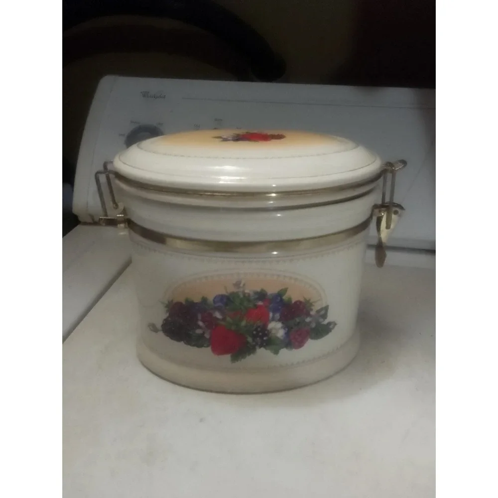 Knott's Berry Farm‎ Ceramic Canister with Metal Clamp and Fruit Design, Vintage